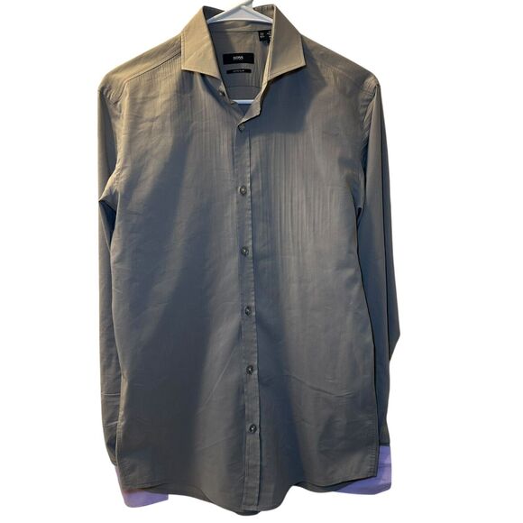 Boss Hugo Boss Dress Shirt Men 15.5 - 39 Gray/Purple Extra Slim Fit Button Down - Picture 2 of 6